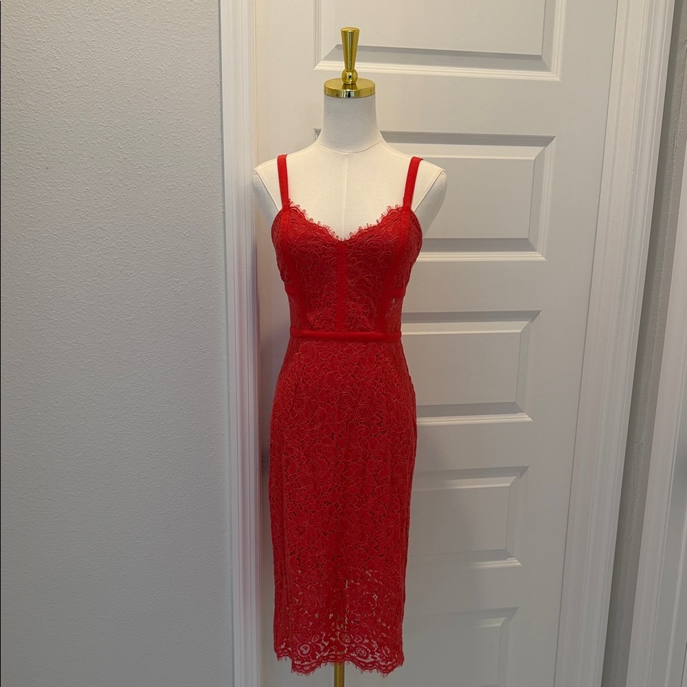 Express 0 Red - Orange Lace Midi Dress with Spaghetti Straps